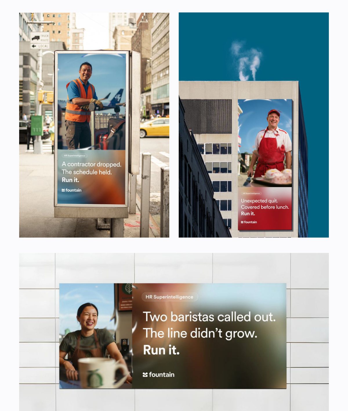 Street furniture and wallscape mockups of the Run it. campaign