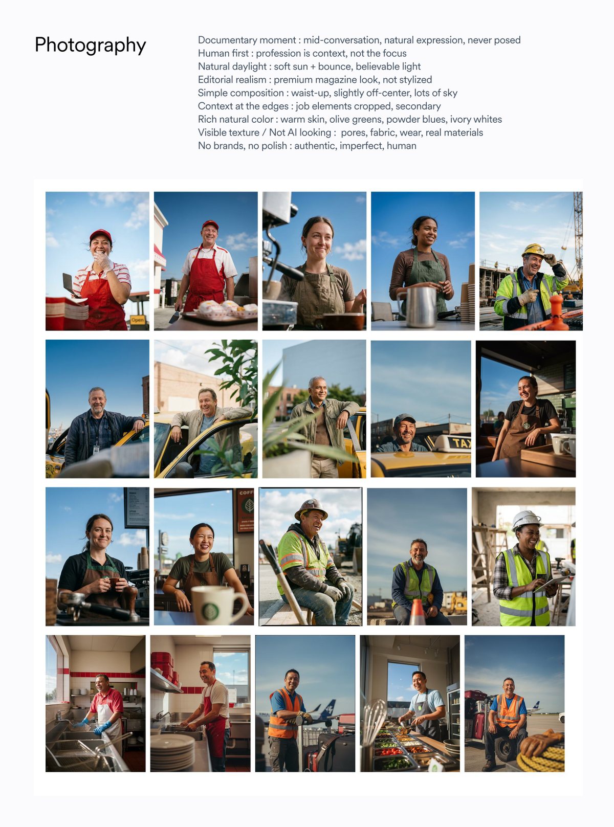 Twenty portraits of frontline workers in natural daylight