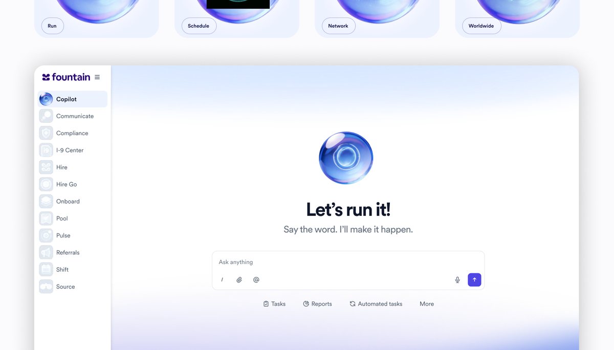 The Copilot empty state: the Cue sphere centred above the prompt field, with the flat product nav down the left