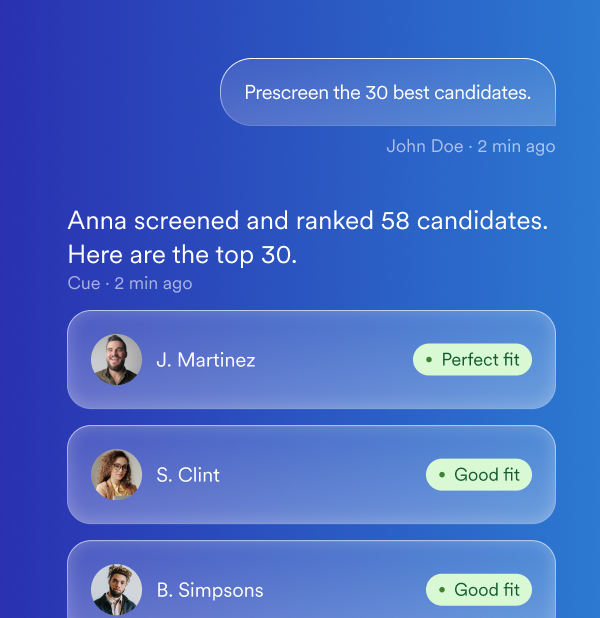 Anna screening and ranking 58 candidates into a top-30 shortlist tagged perfect fit and good fit