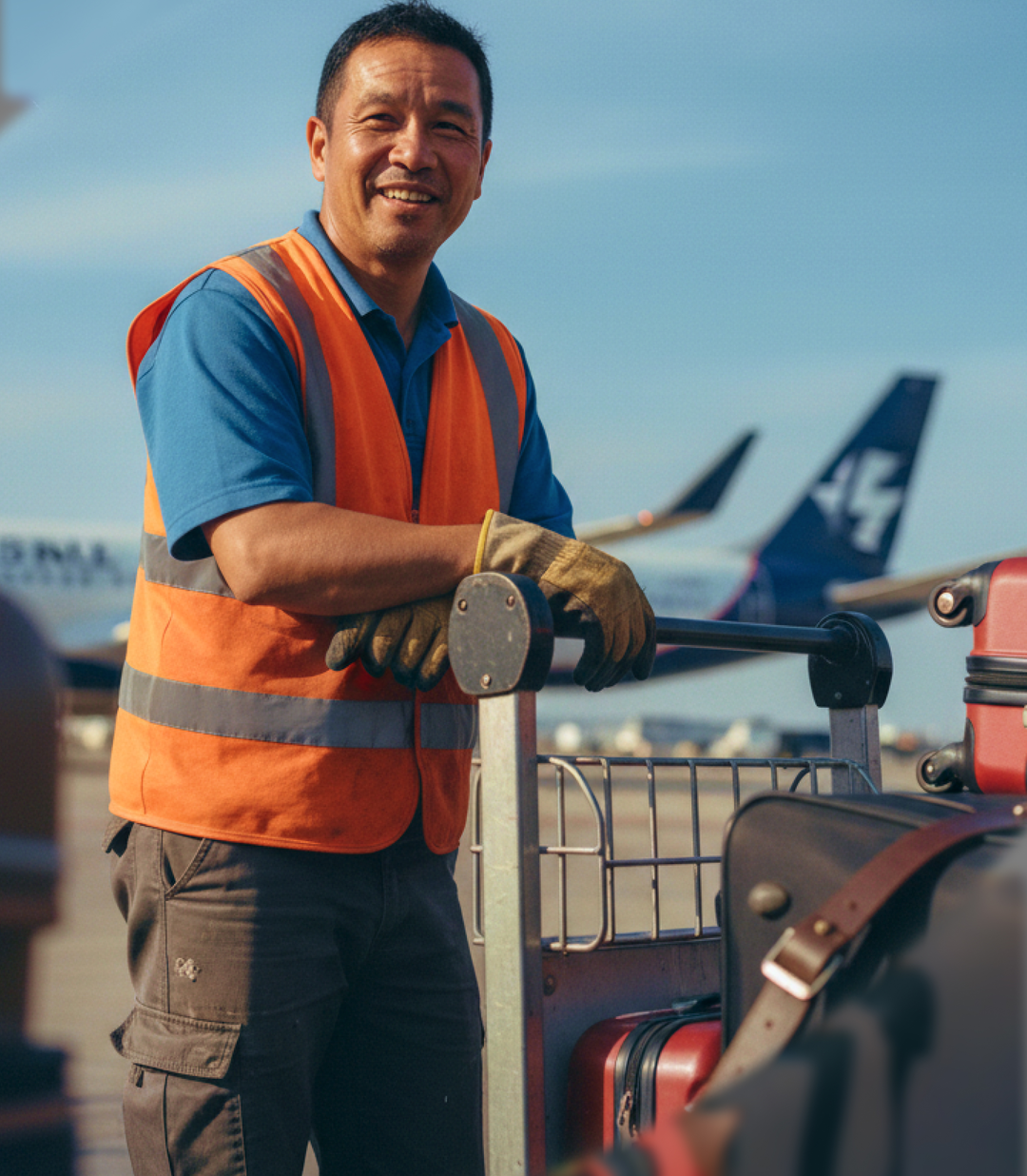 Airport ground crew worker in a hi-vis vest and work gloves, loading a baggage cart on the apron