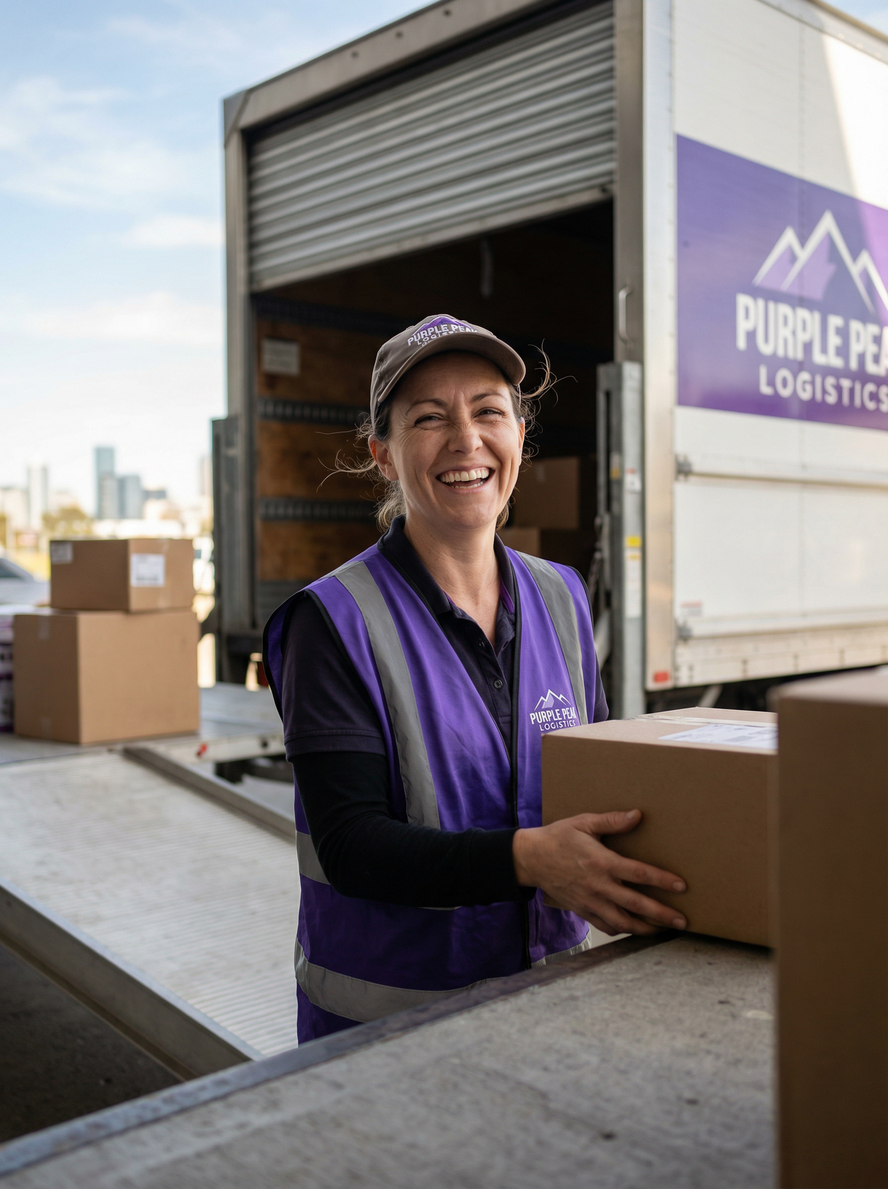 Delivery driver smiling beside a loading bay