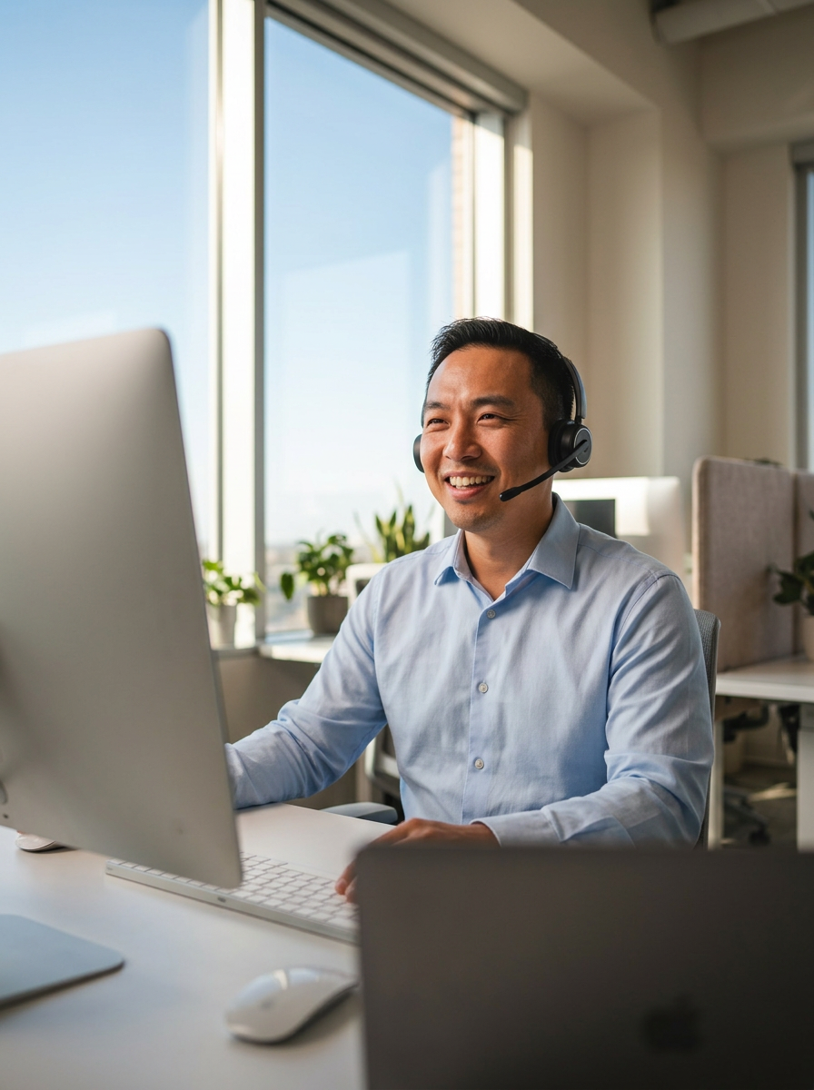 Outsourced support agent on a headset in an office