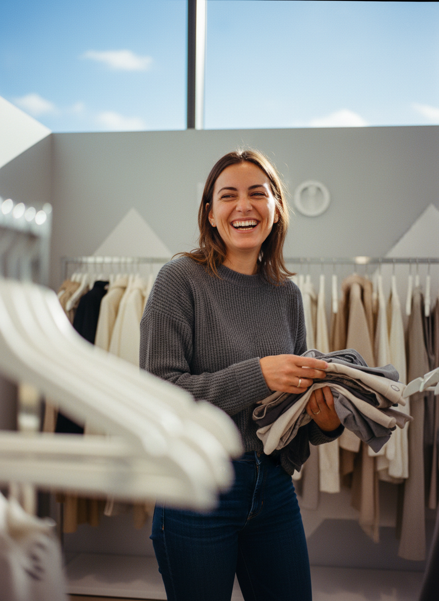 Store associate on the shop floor beside a clothing rail