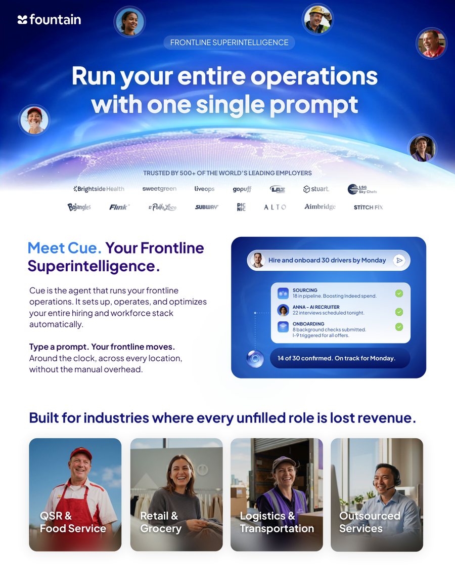 Cue one-pager page one — hero band, Meet Cue block, industry cards
