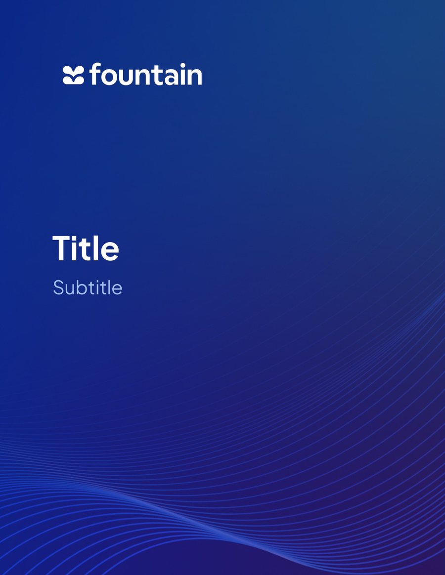 The cover: white Fountain wordmark on a deep blue gradient with the wave motif, Title and Subtitle lower left