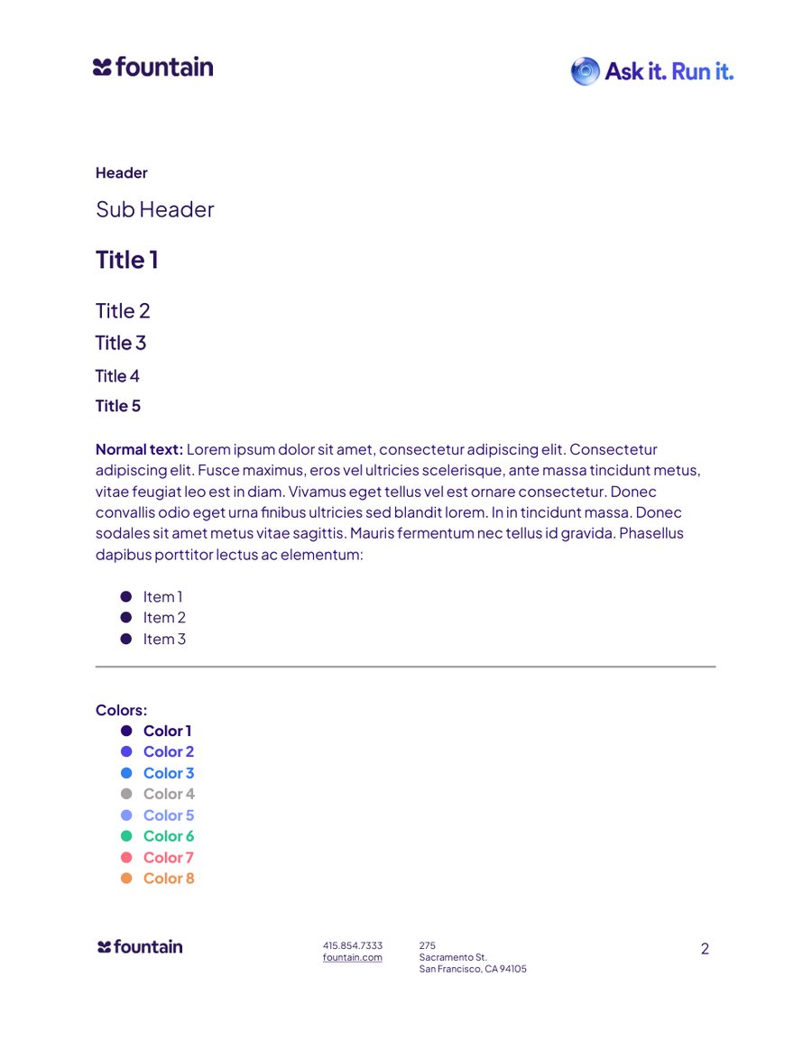 The body specimen: Header, Sub Header, Title 1 to Title 5, normal text, list items and a row of eight colour swatches